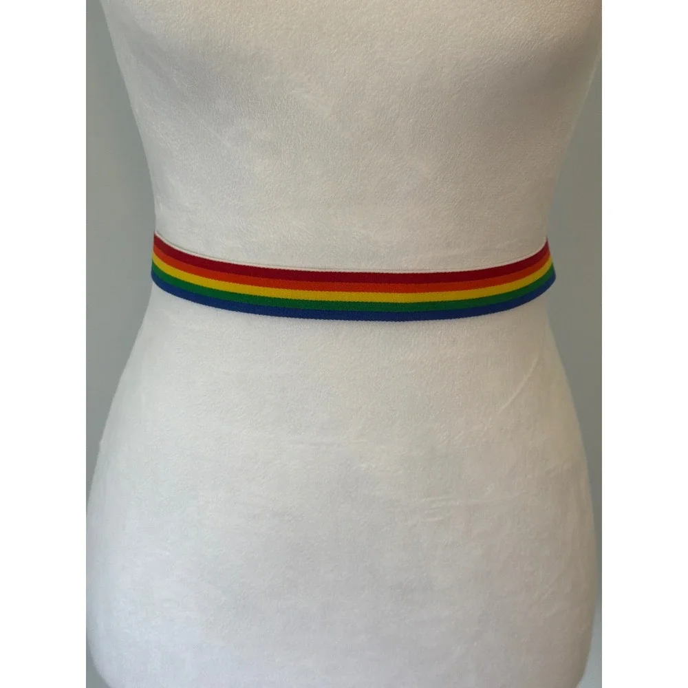 Vintage 1980s Jordache Rainbow Elastic Belt Heart Buckle Striped Multi Color 12